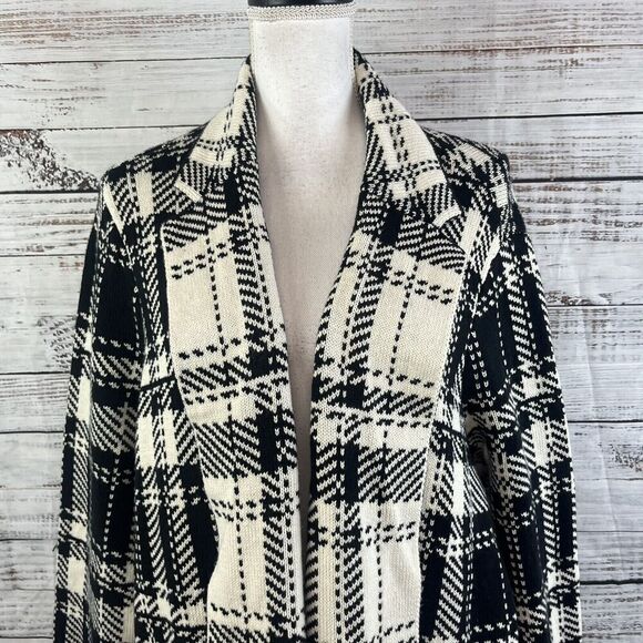 Chaps Duster Long Cardigan Sweater Plus size 2X Black Ivory Plaid Stretch Preppy - Picture 6 of 14